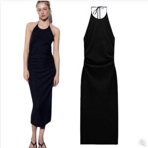 ZARA Elegant Halter-Neck Black Midi Dress  Size Medium NEW WITH TAG!